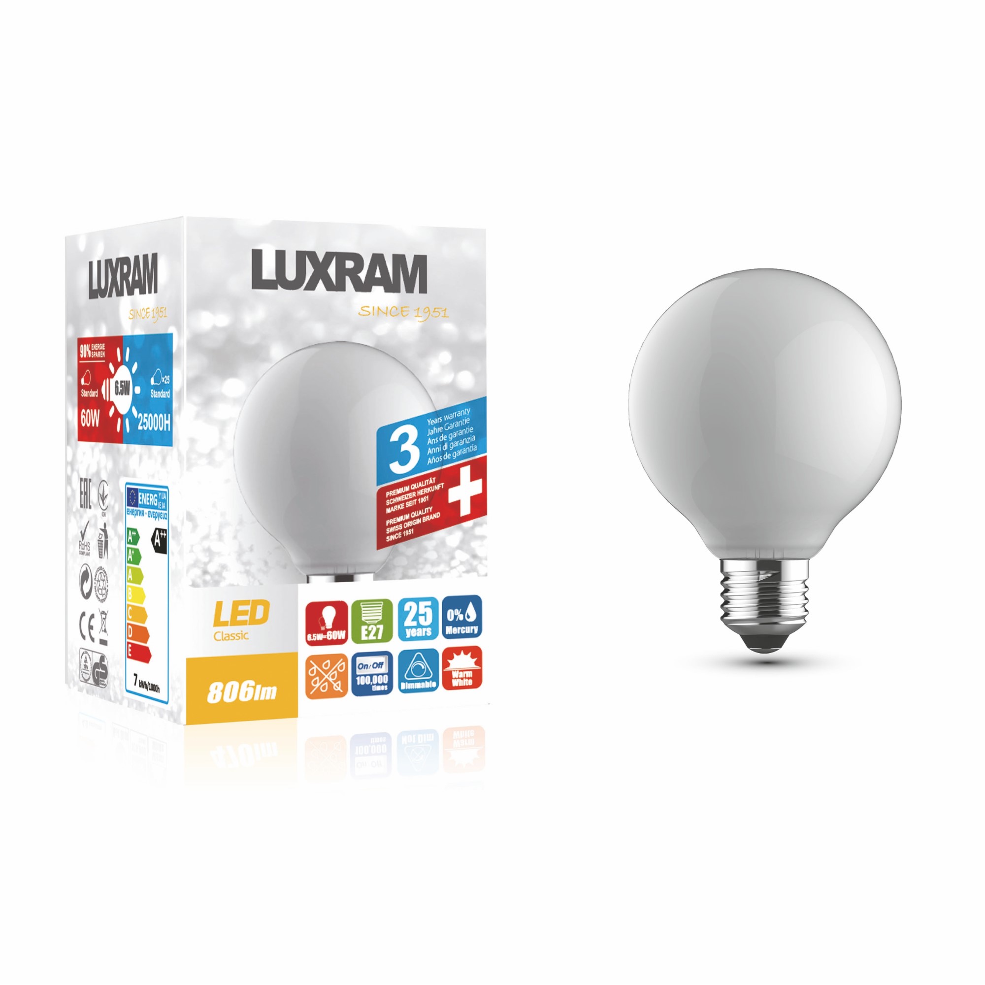 1416511  Value Classic LED Globe 80mm E27 Dimmable 6.5W 2700K 806lm